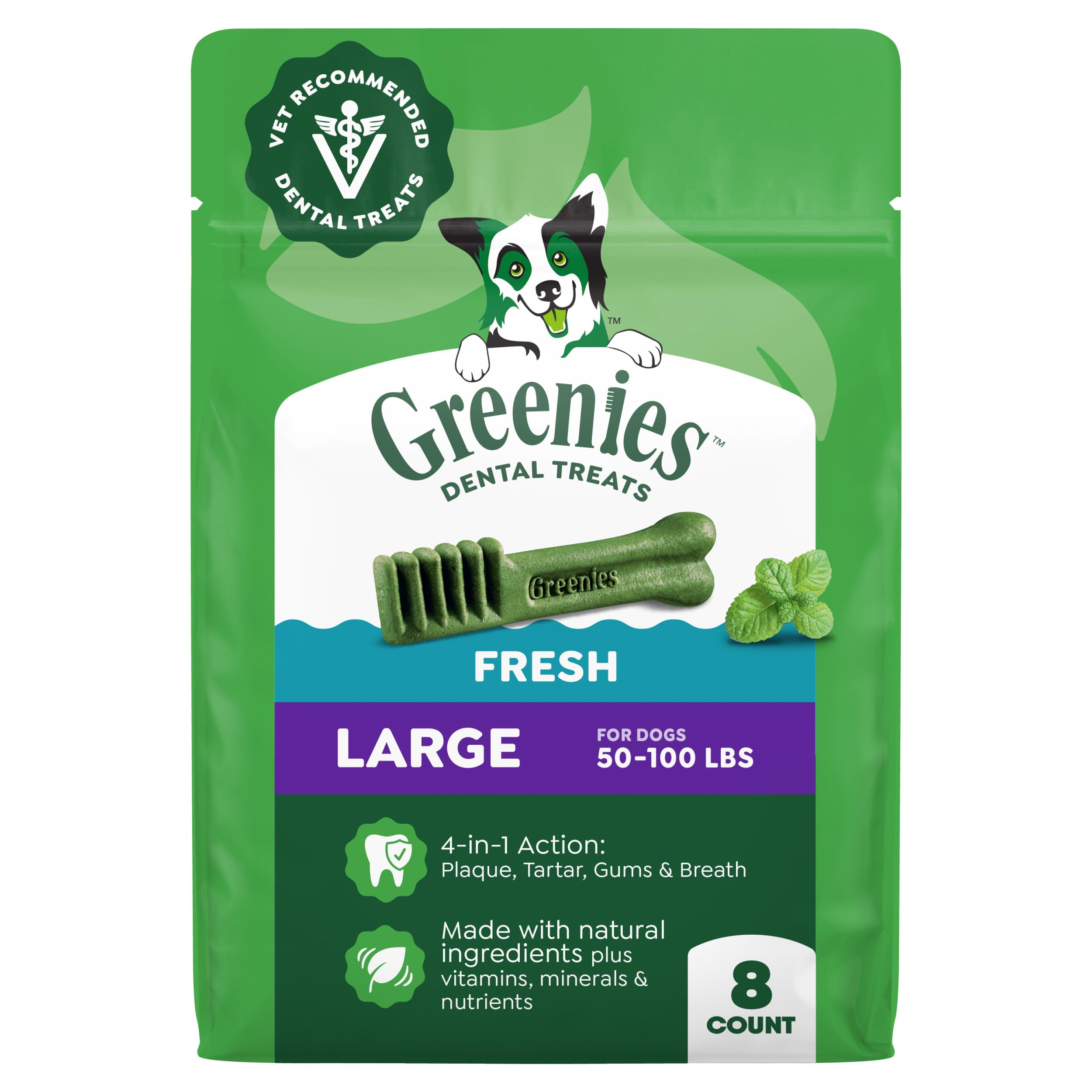 Greenies frontal del paquete mostrando el diseño y conteo, beneficio visual de confianza