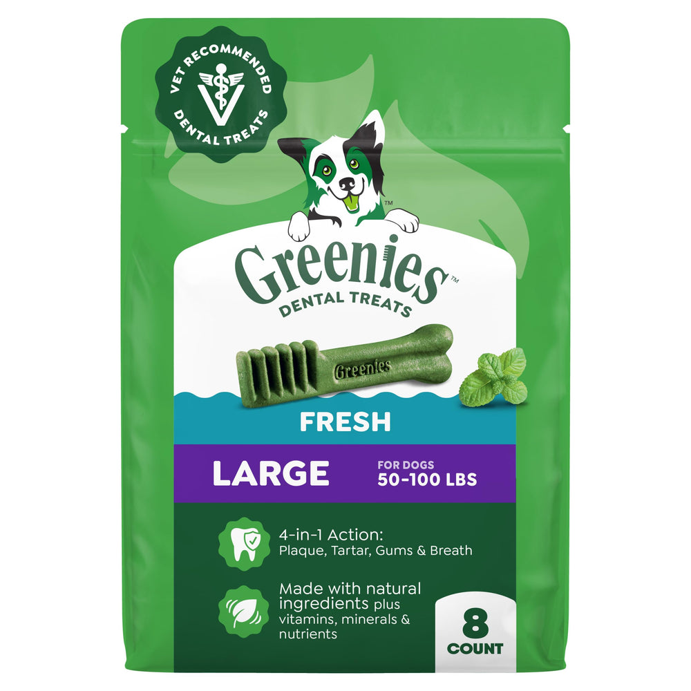 Greenies frontal del paquete mostrando el diseño y conteo, beneficio visual de confianza
