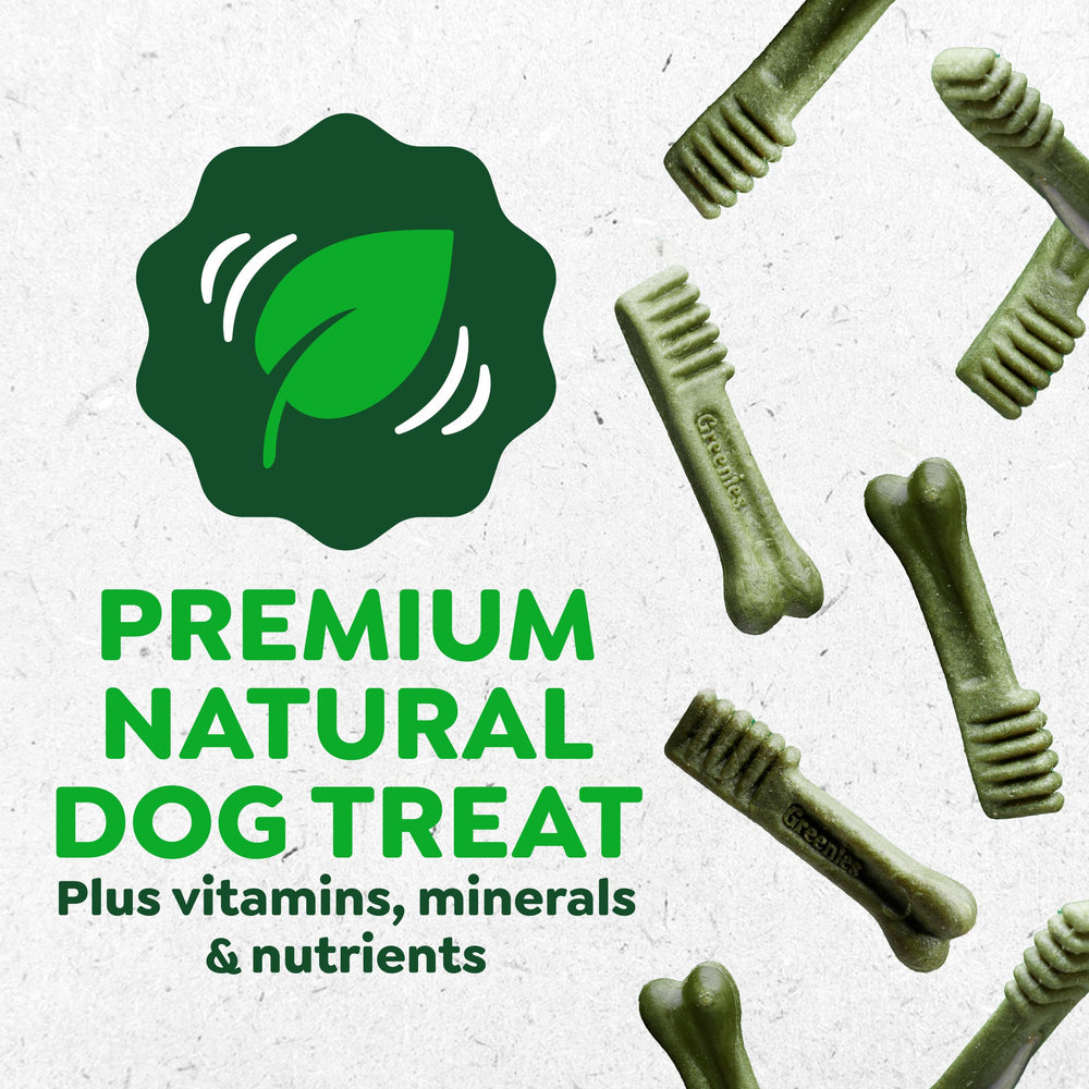 Etiqueta frontal Greenies con DHA y calcio, apoya desarrollo y dientes fuertes
