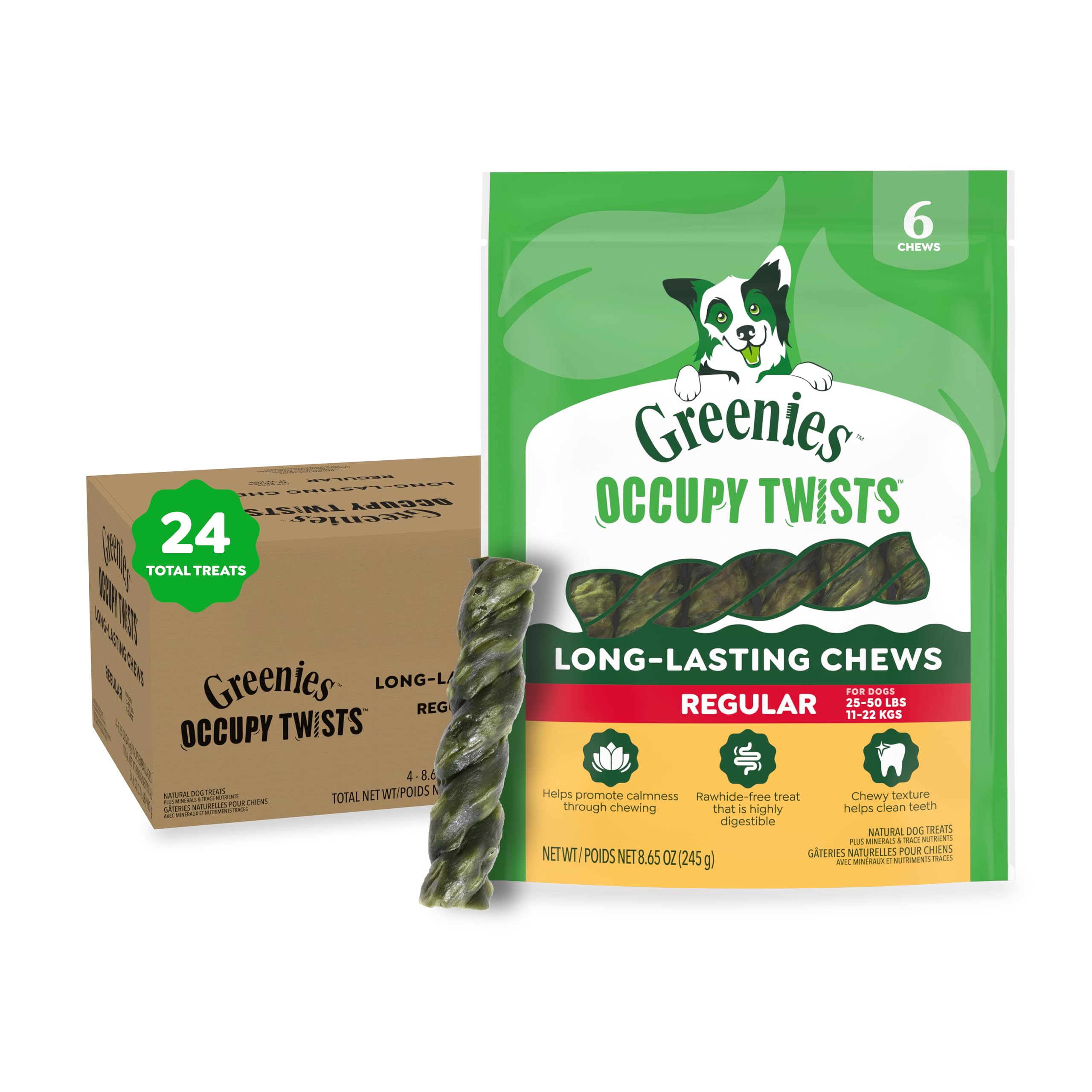 Greenies empaque frontal mostrando ocupy twists, claro y apetecible