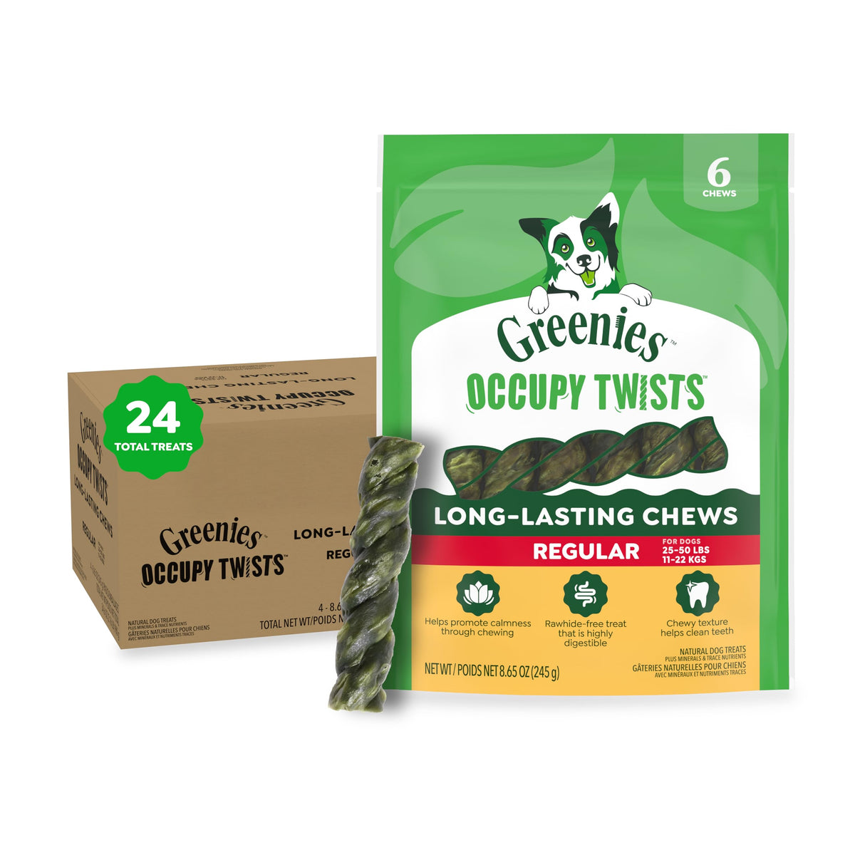 Greenies empaque frontal mostrando ocupy twists, claro y apetecible