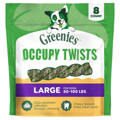 Greenies empaque frontal mostrando Occupy Twists y beneficio de entretener