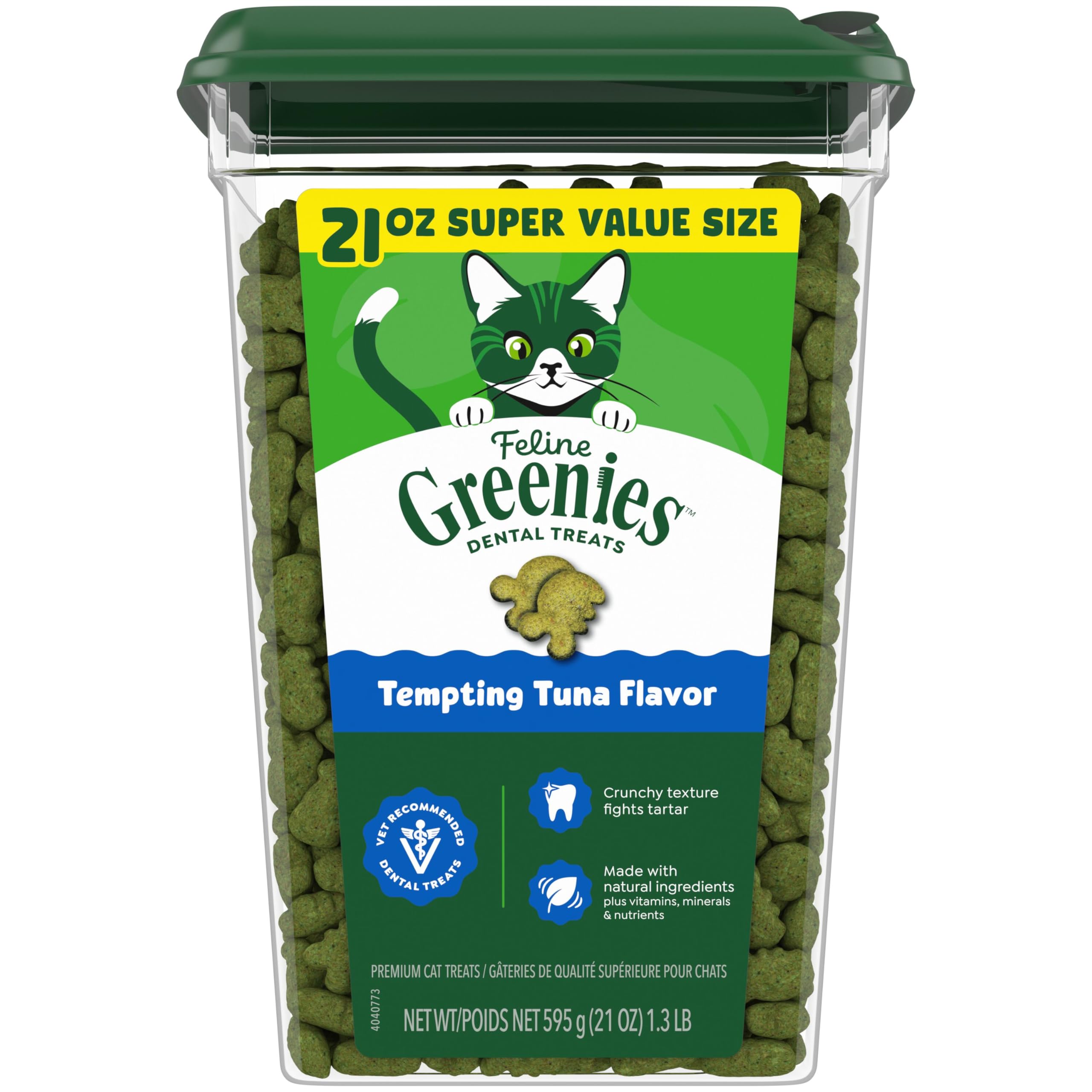 Greenies pack front showing brand and tuna flavor for easy recognition and dental benefit