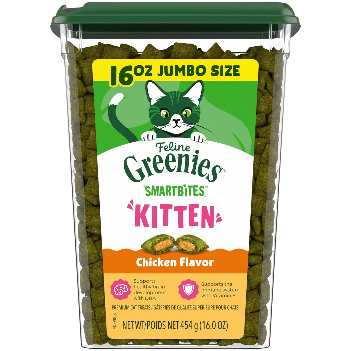 Greenies envase frontal gatitos pollo mostrando diseño y beneficio nutricional