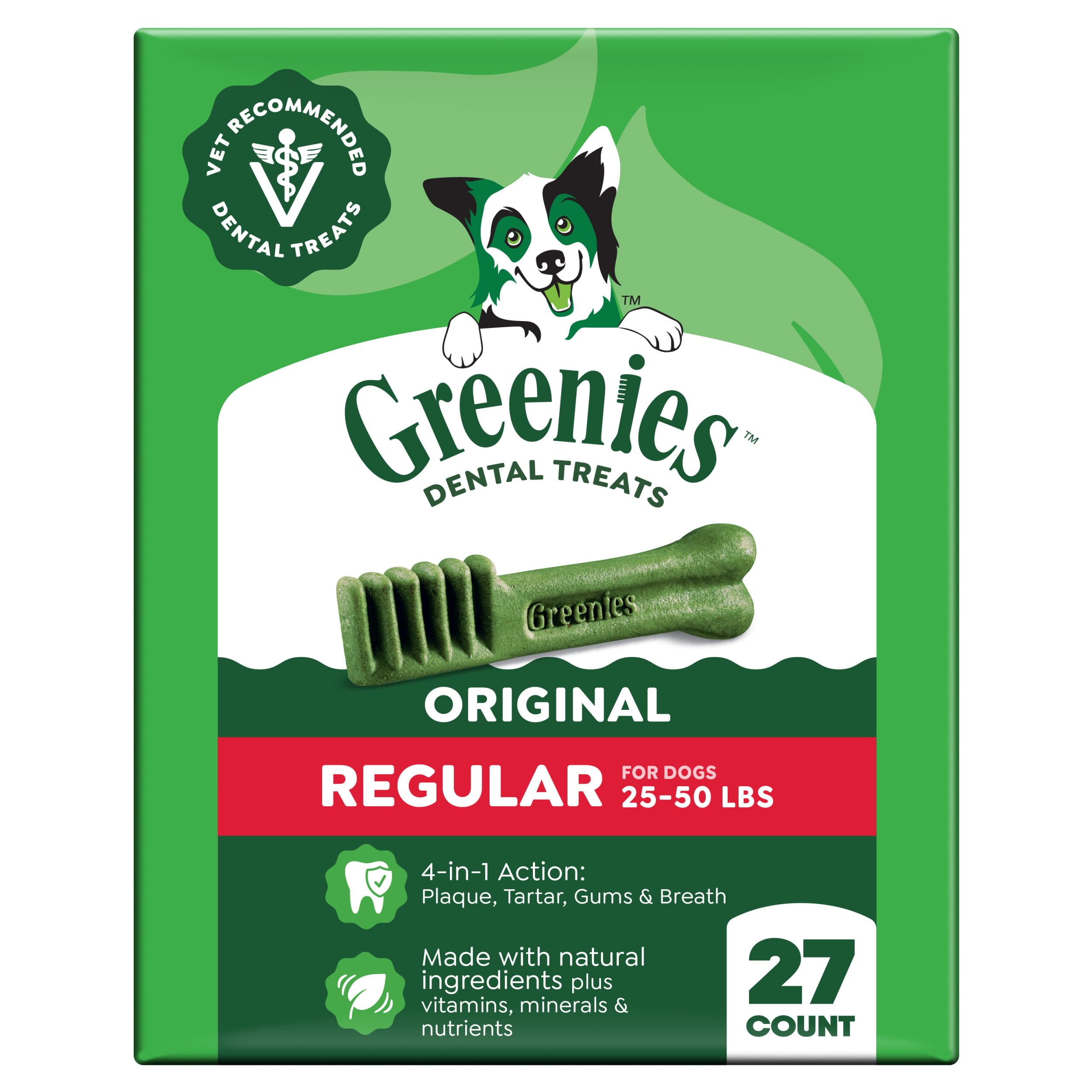 Greenies paquete frontal 27 unidades mostrando diseño y beneficios de limpieza