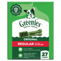 Greenies paquete frontal 27 unidades mostrando diseño y beneficios de limpieza