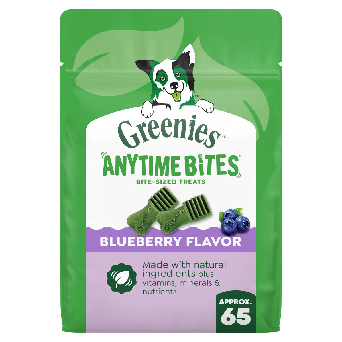 Greenies paquete frontal arándano mostrando diseño y conveniencia