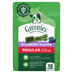 Greenies paquete frontal sabor arándano muestra presentación y beneficio dental