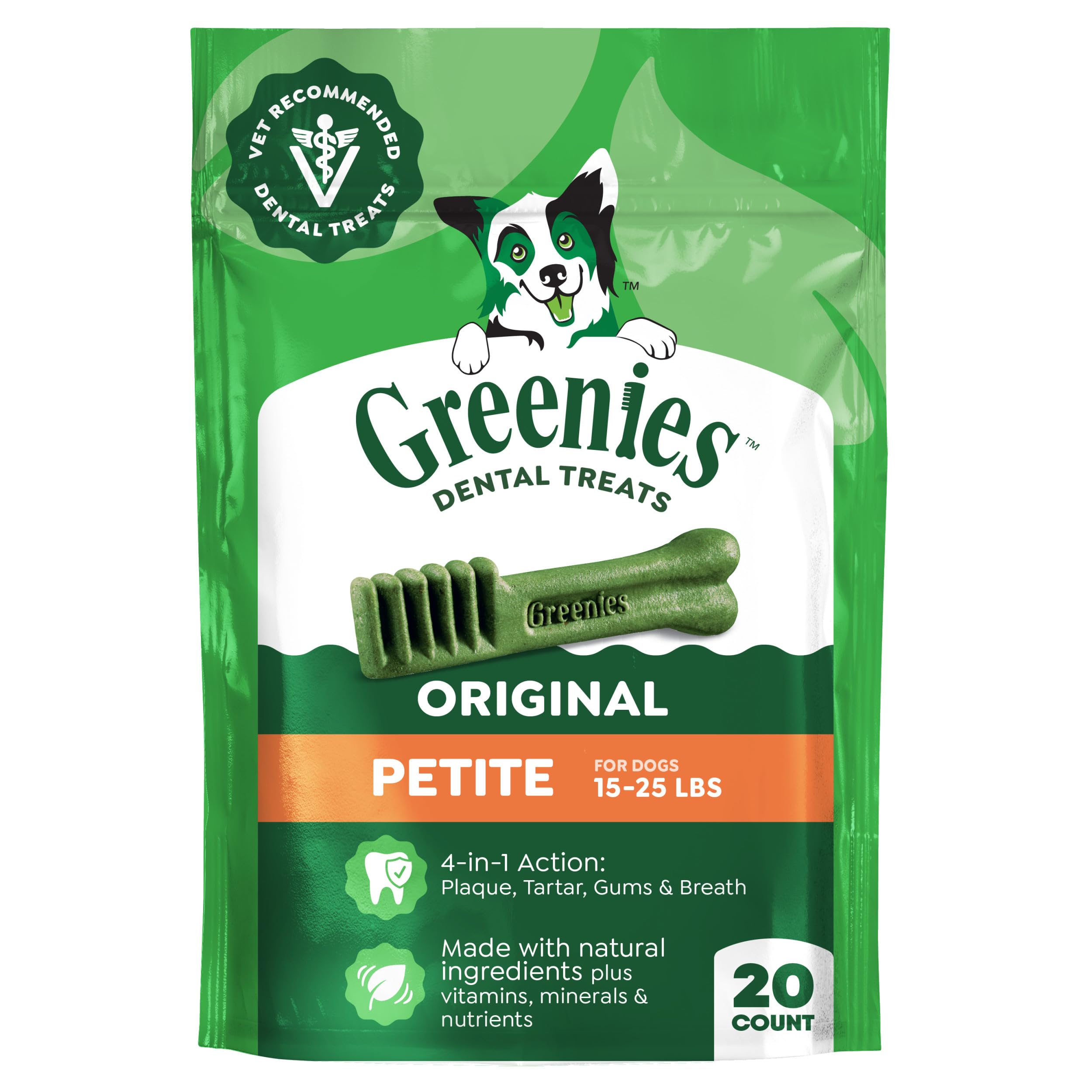 Greenies paquete frontal Petite 20 unidades muestra confianza veterinaria