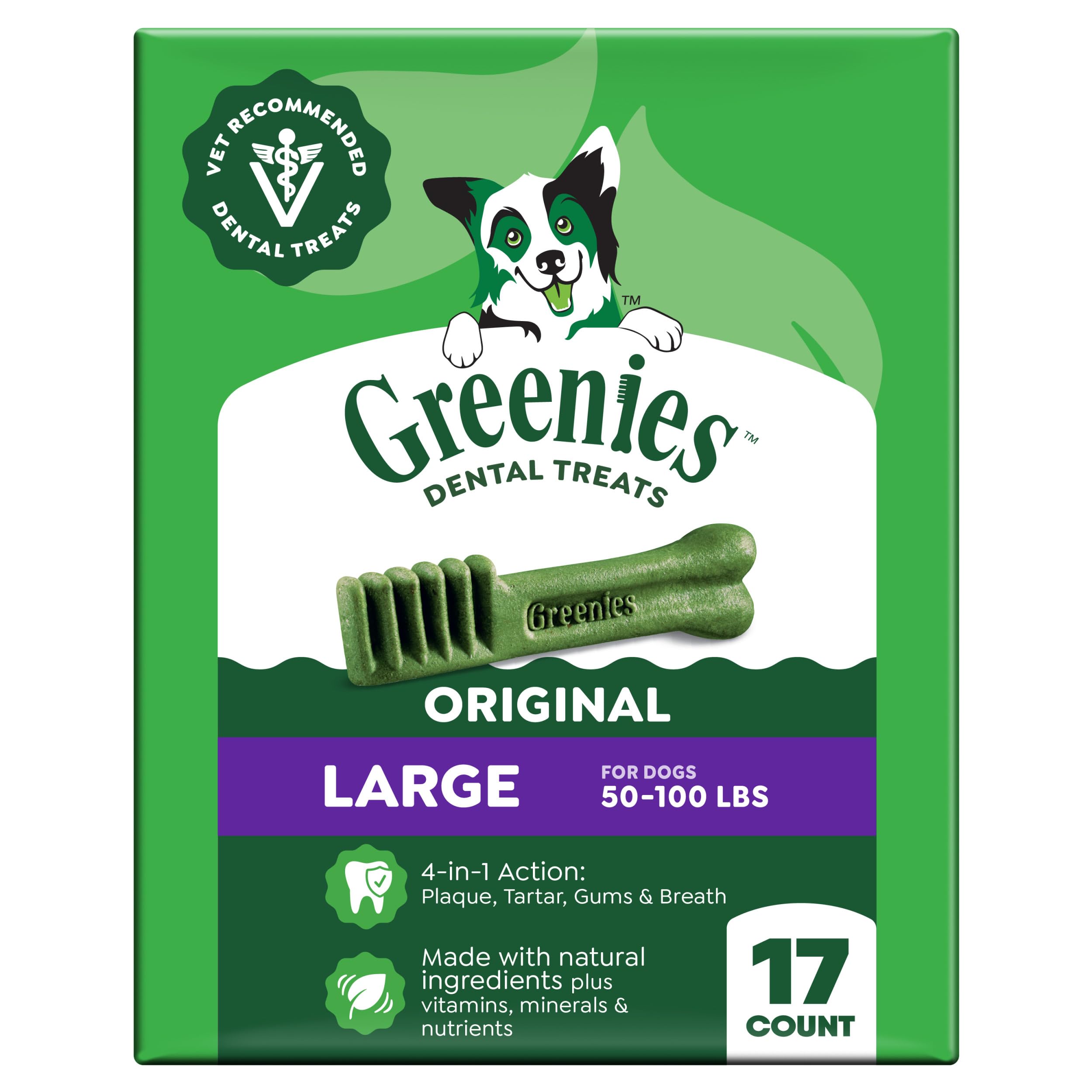Greenies paquete frontal mostrando 17 unidades y beneficio limpieza dental