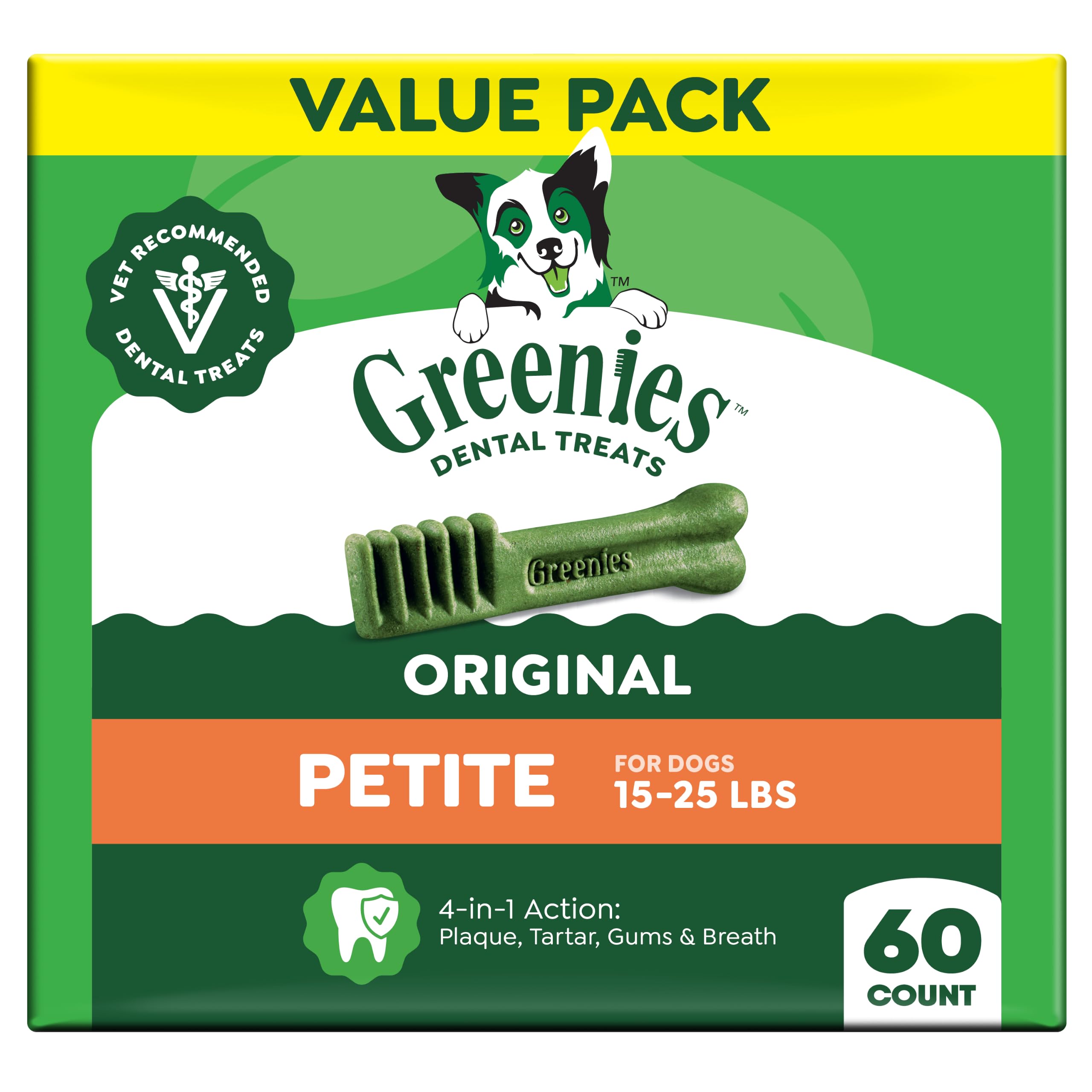 Greenies paquete frontal mostrando diseño y cantidad beneficios claros