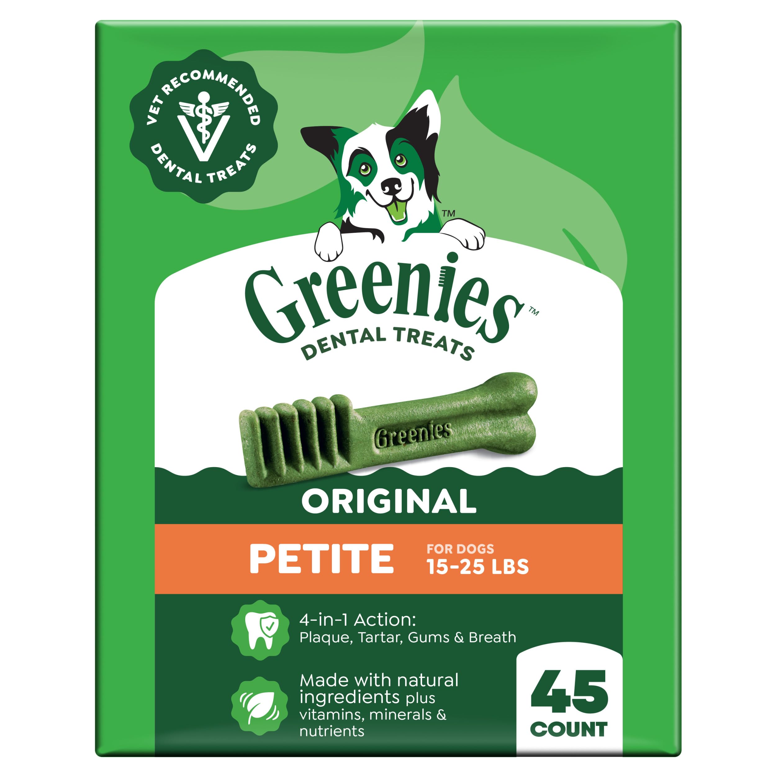Greenies Petite frente del empaque mostrando 45 unidades y beneficios dentales