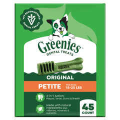 Greenies Petite frente del empaque mostrando 45 unidades y beneficios dentales