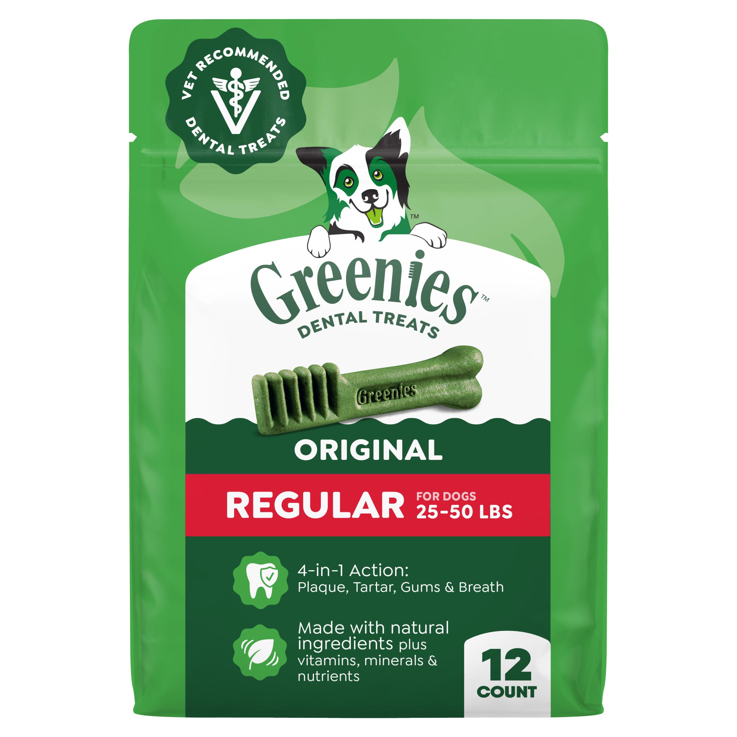 Greenies frente del paquete mostrando 12 unidades y beneficios dentales