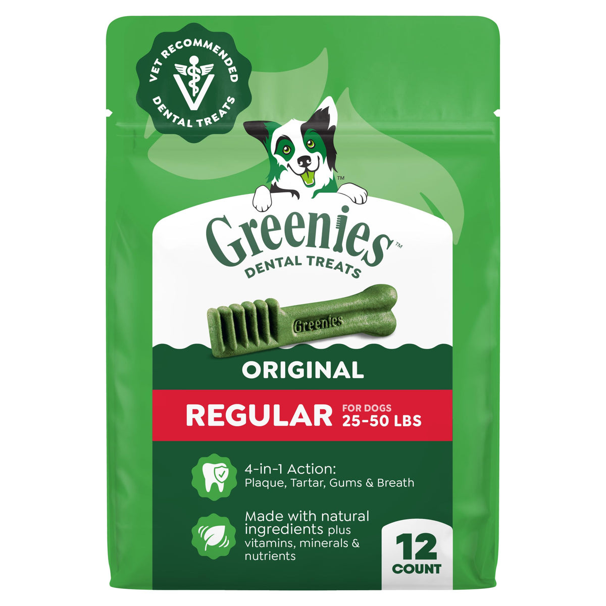 Greenies frente del paquete mostrando 12 unidades y beneficios dentales