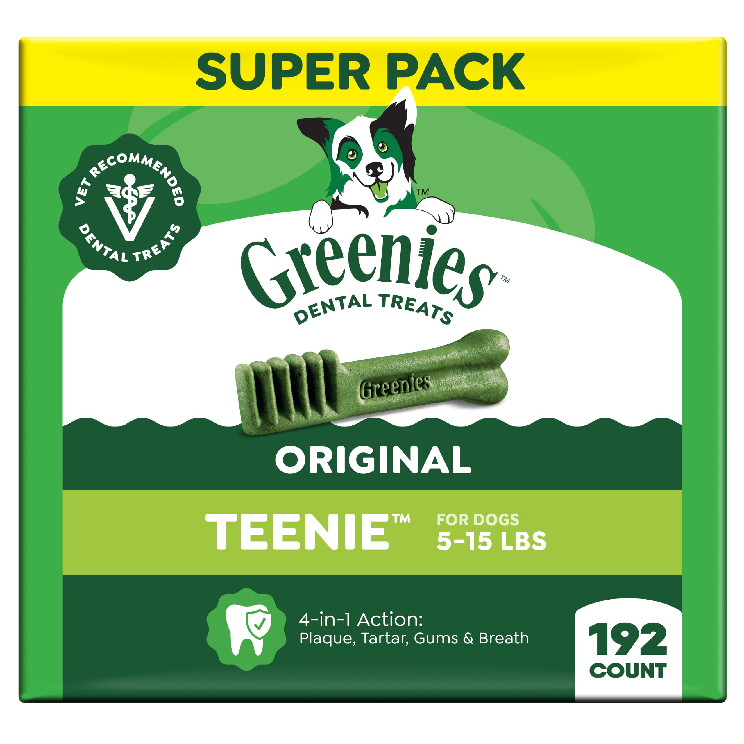 Greenies paquete Teenie frente mostrando cantidad 192 y fácil uso