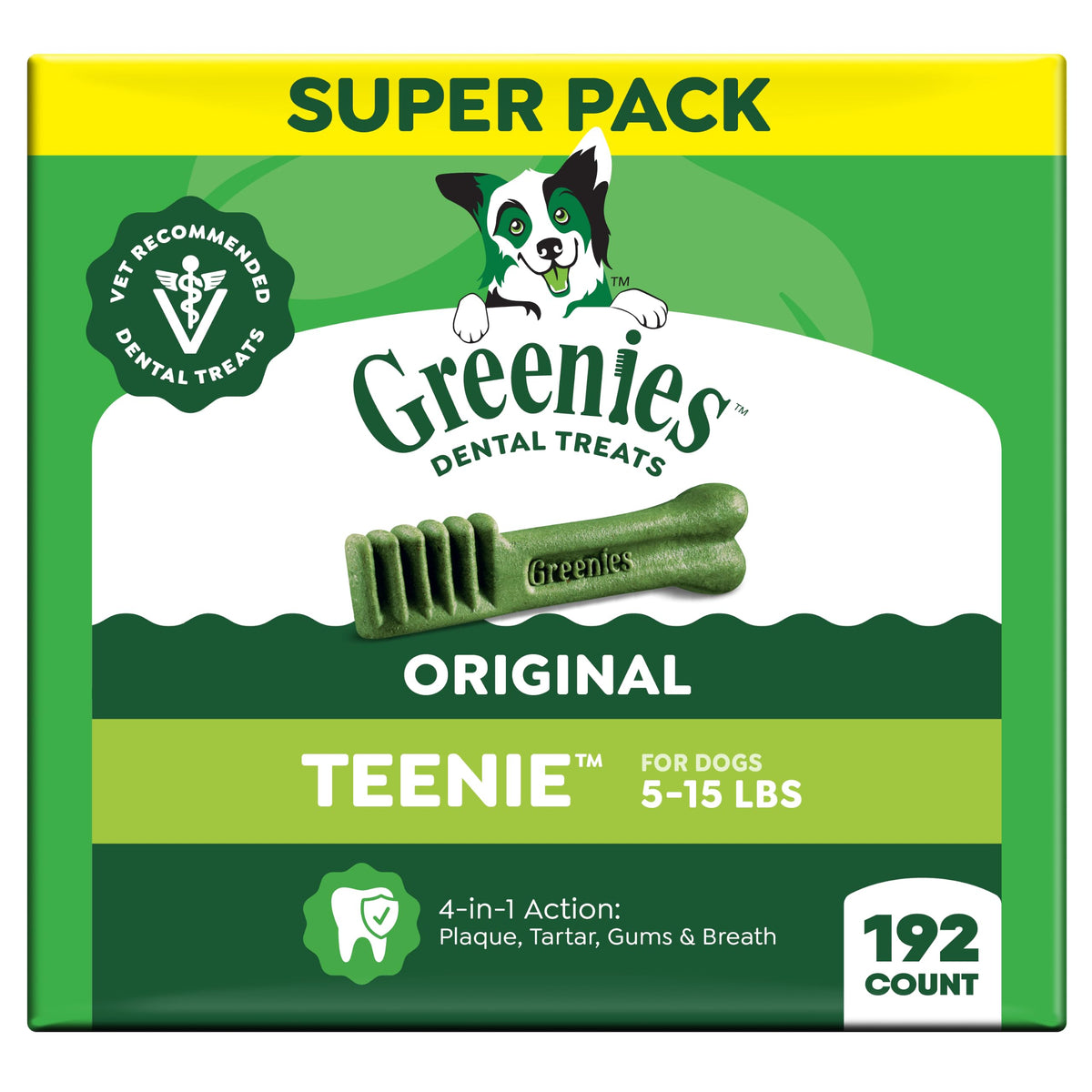 Greenies paquete Teenie frente mostrando cantidad 192 y fácil uso