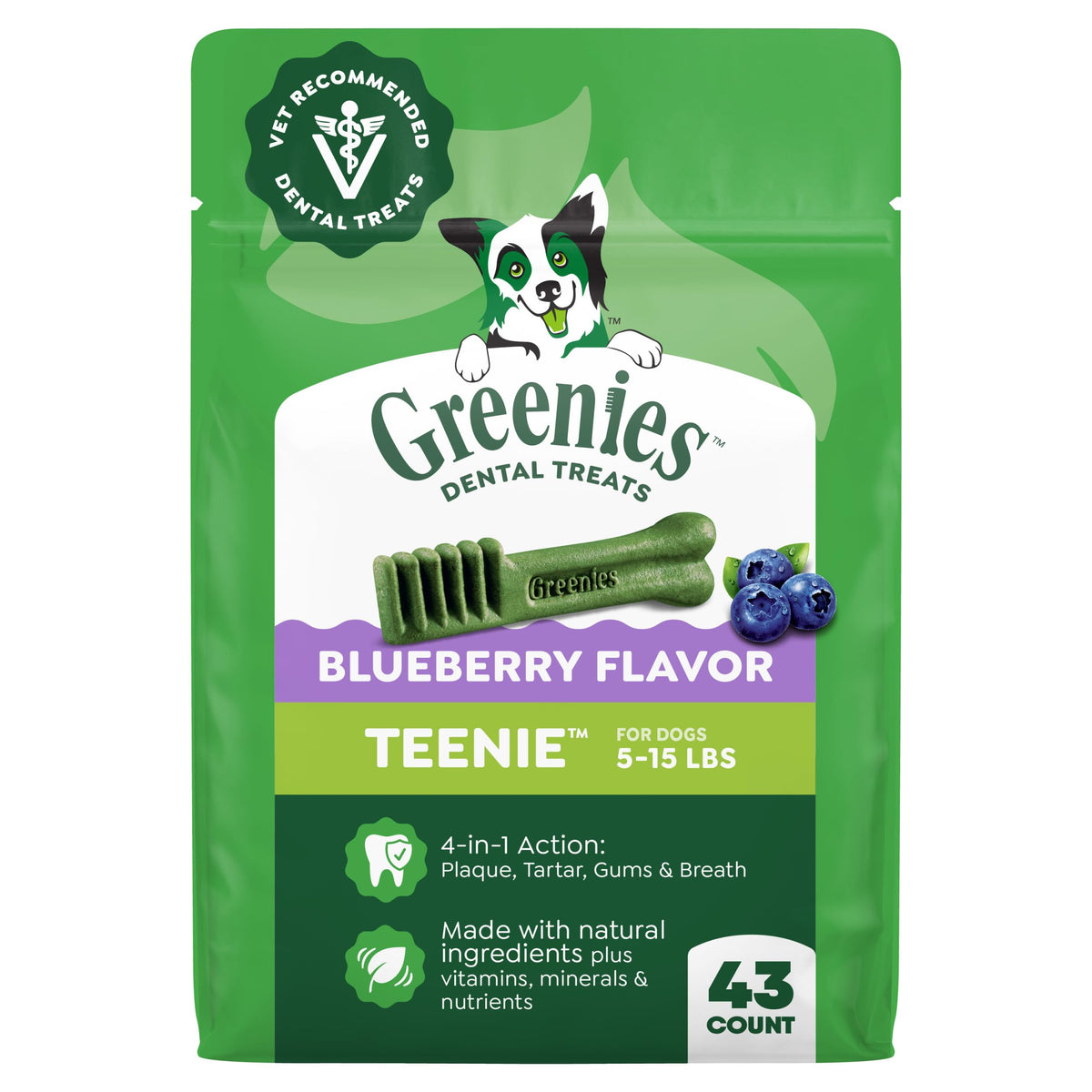Greenies presentación delantera con sabor arándano que muestra el envase y beneficios visibles.