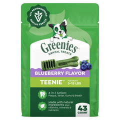 Greenies presentación delantera con sabor arándano que muestra el envase y beneficios visibles.