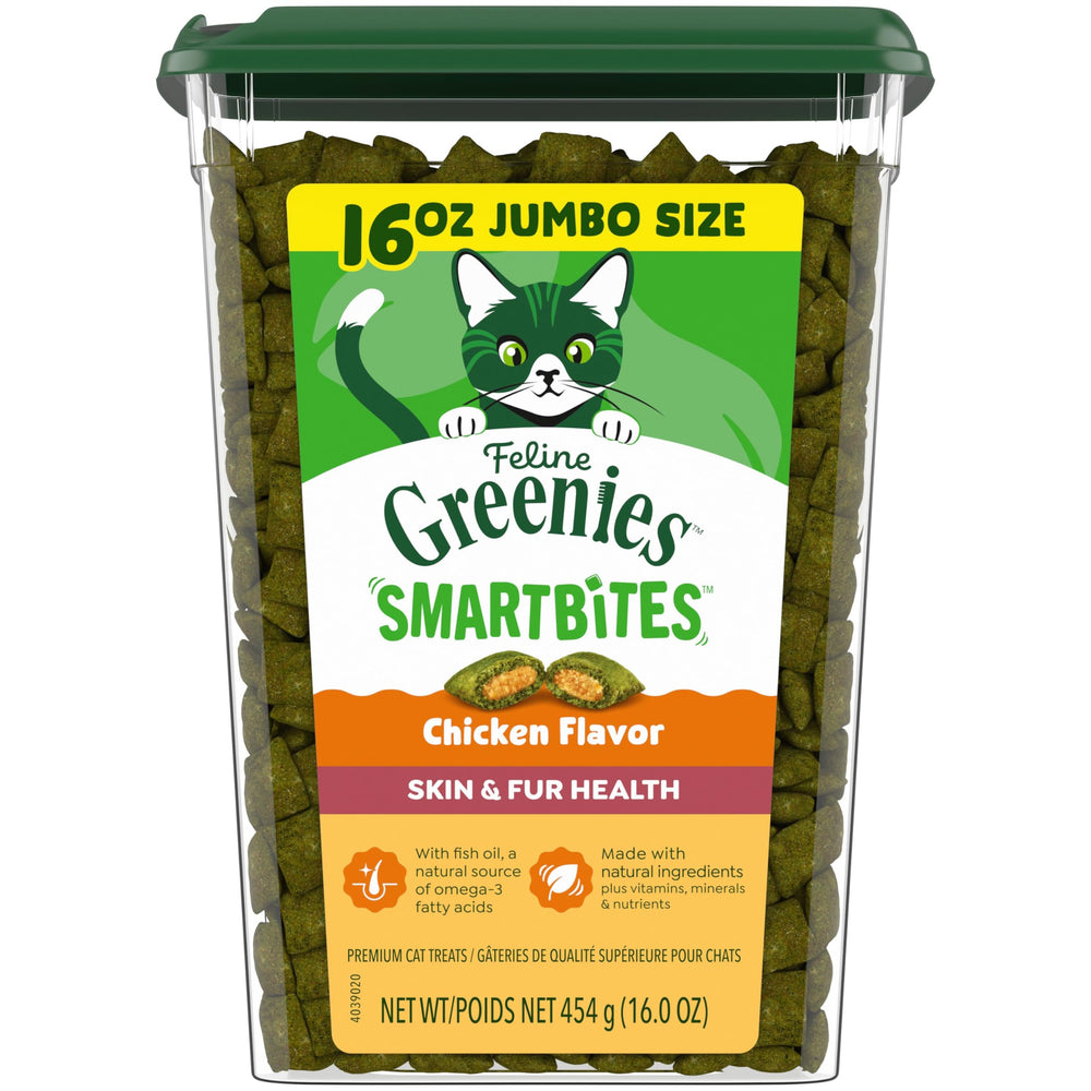 Greenies envase frontal mostrando la marca y beneficio piel y pelaje