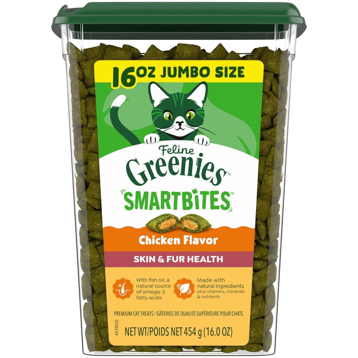 Greenies envase frontal mostrando la marca y beneficio piel y pelaje