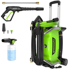 Greenworks front-angle view showing compact body and storage benefits