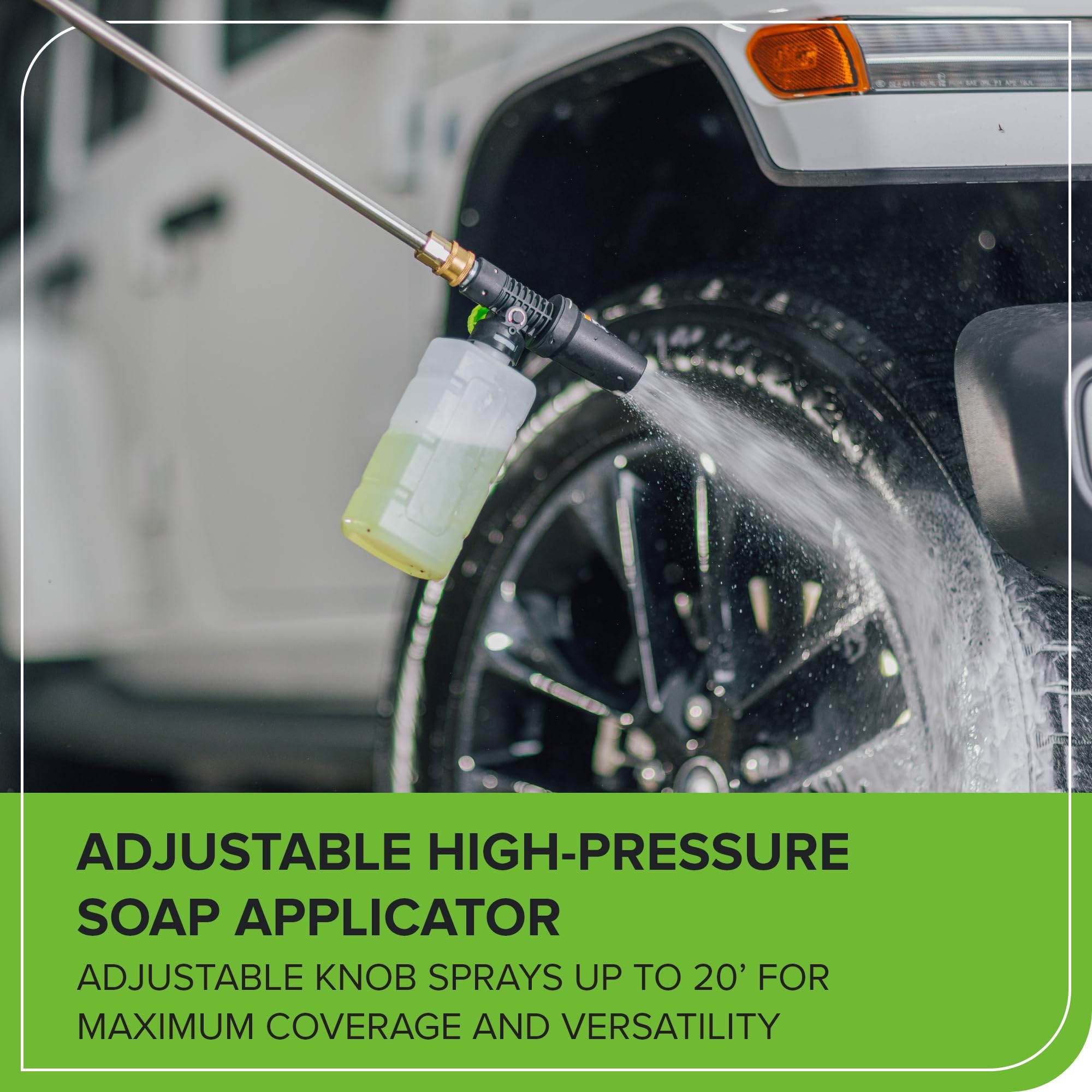 Greenworks spray gun and trigger detail illustrating ergonomic control