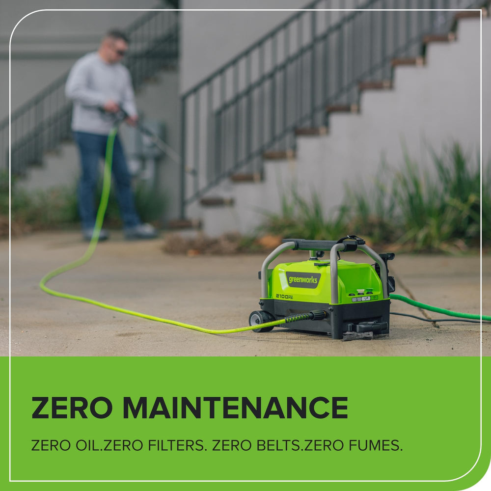 Greenworks product label and warranty badge showing three-year coverage