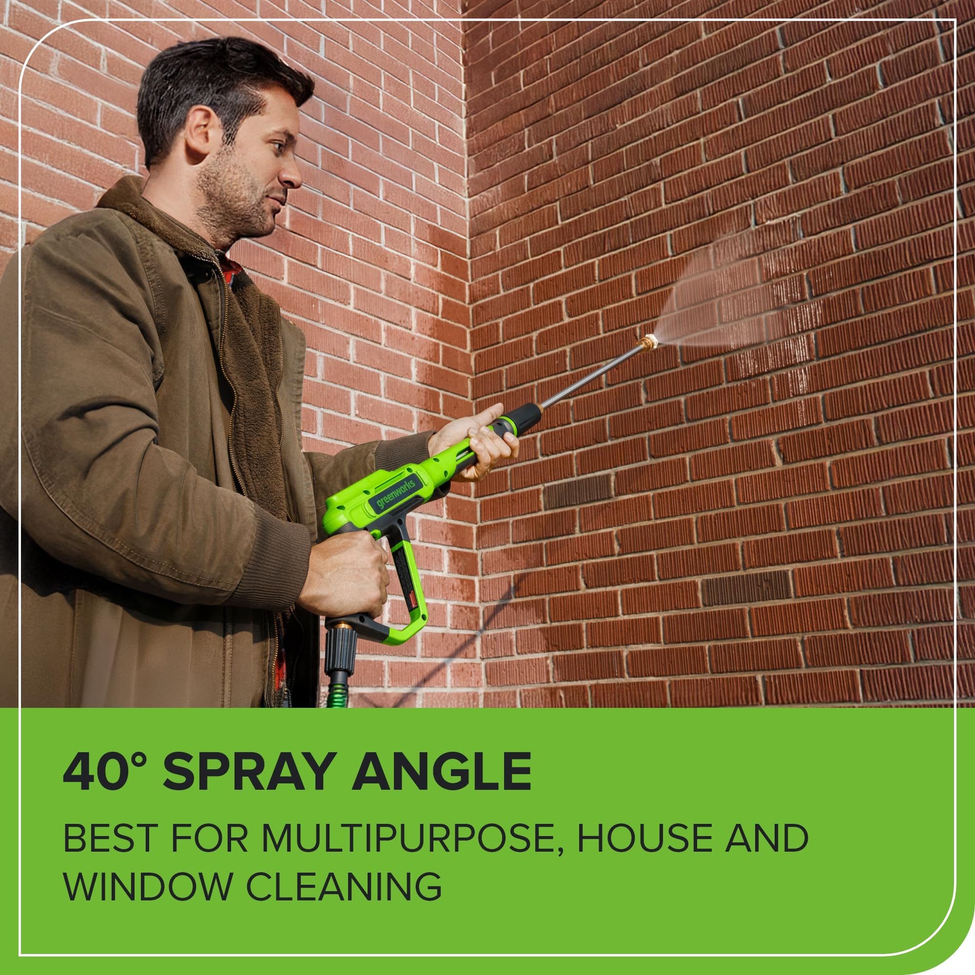 Greenworks array of included nozzles and turbo tip showing cleaning versatility