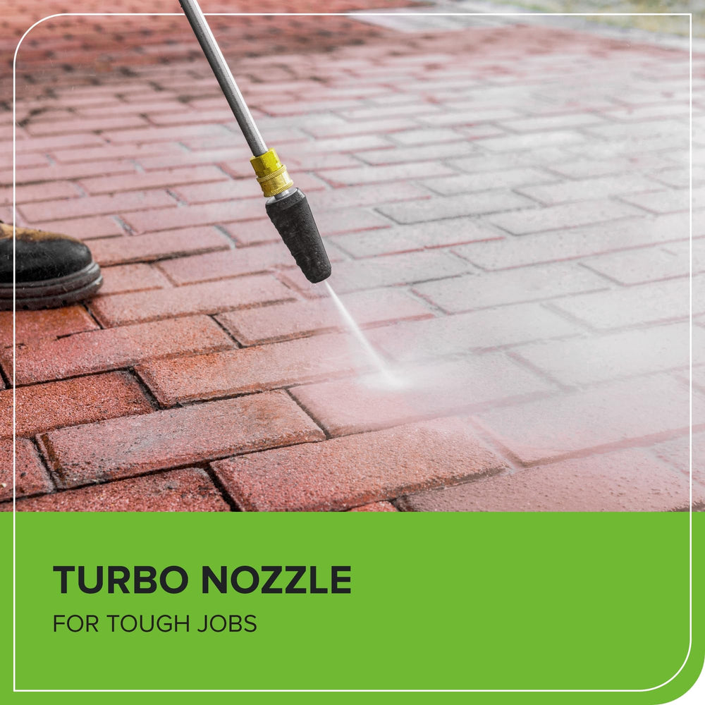 Greenworks telescoping handle extended to show easy transport advantage
