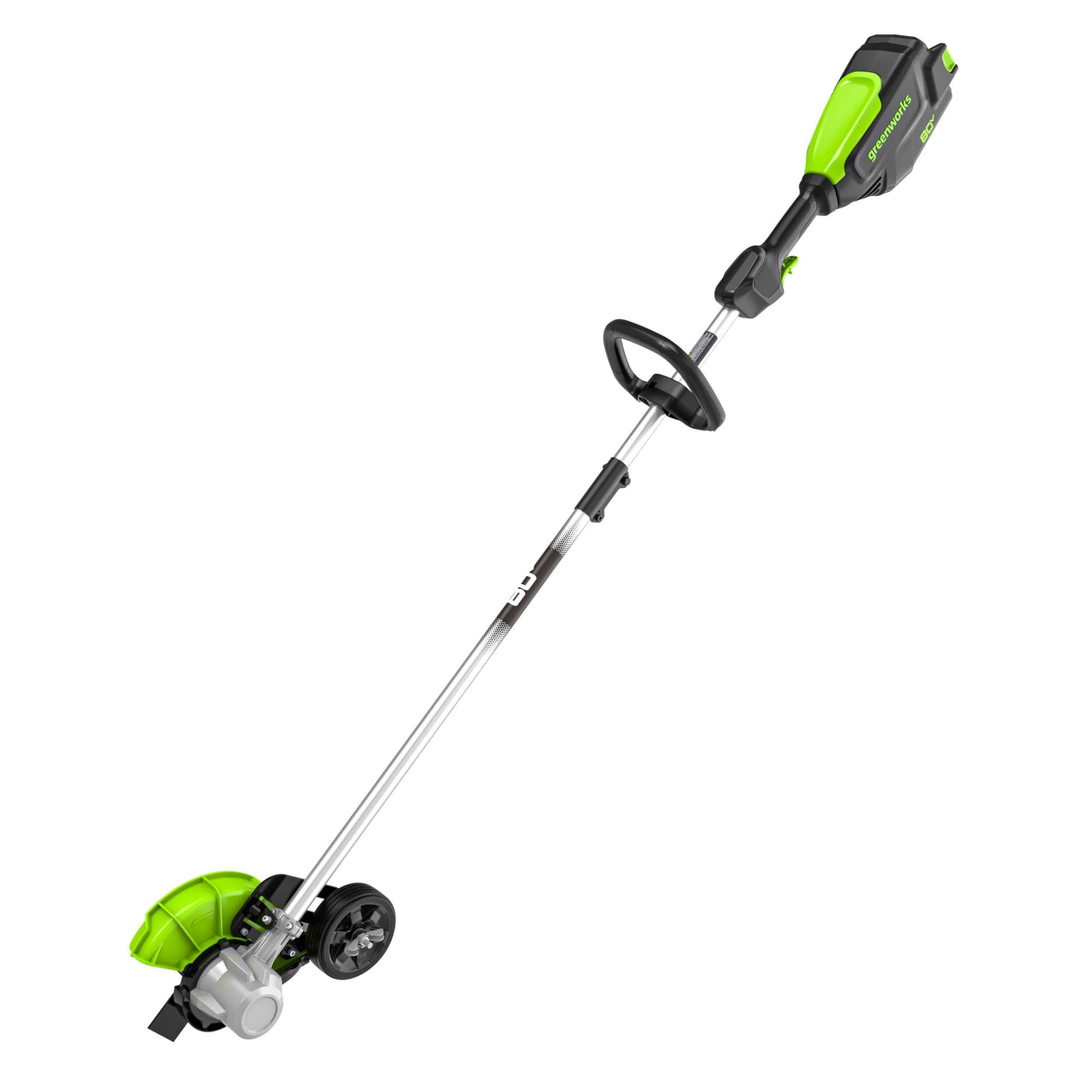 Greenworks edger front view showing blade and curb wheel for precise cutting