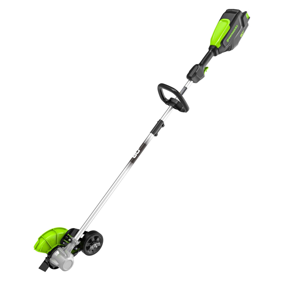 Greenworks edger front view showing blade and curb wheel for precise cutting