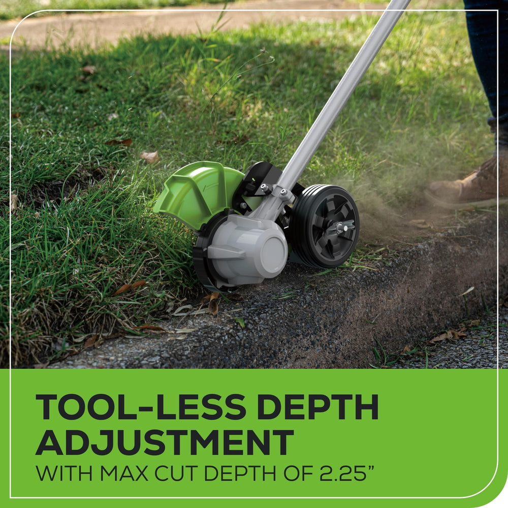 Greenworks edger in use along a concrete curb delivering clean edge results