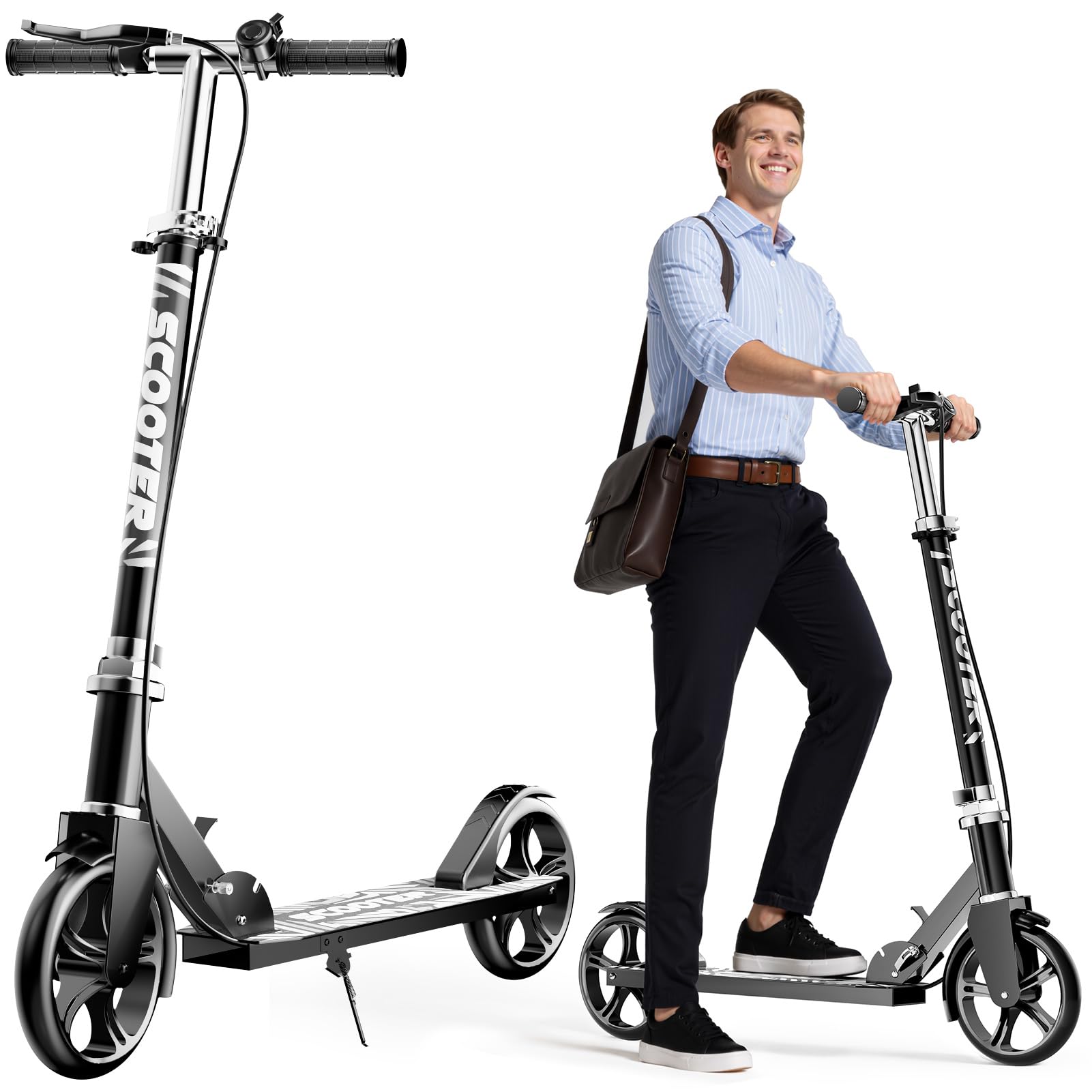 GRENYX vista frontal del patinete negro, diseño estable y elegante
