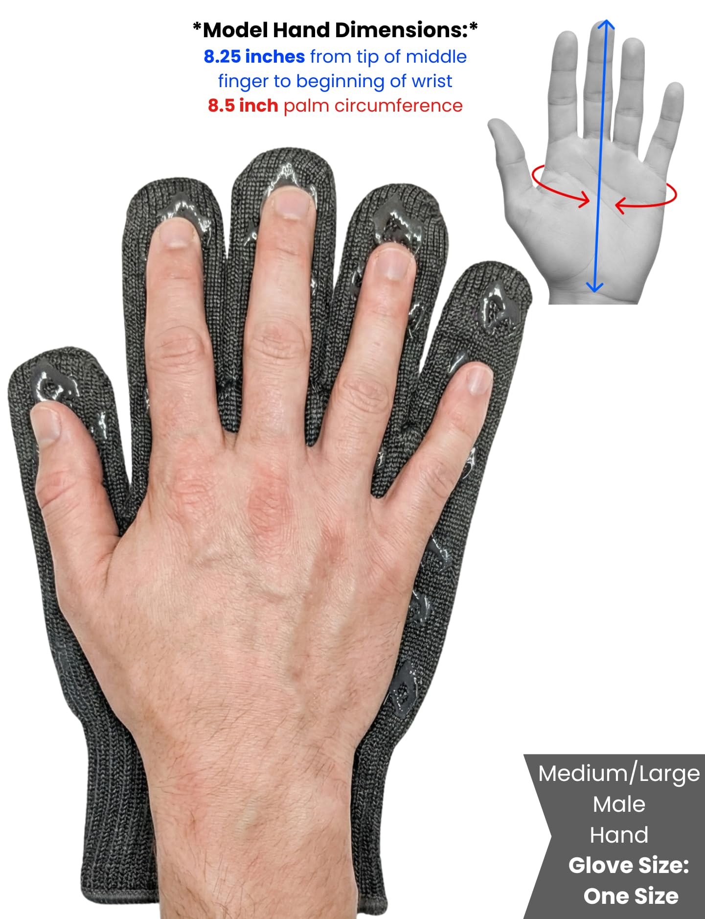 Grill Armor Gloves comparación de tamaño junto a una mano para mostrar cobertura y escala