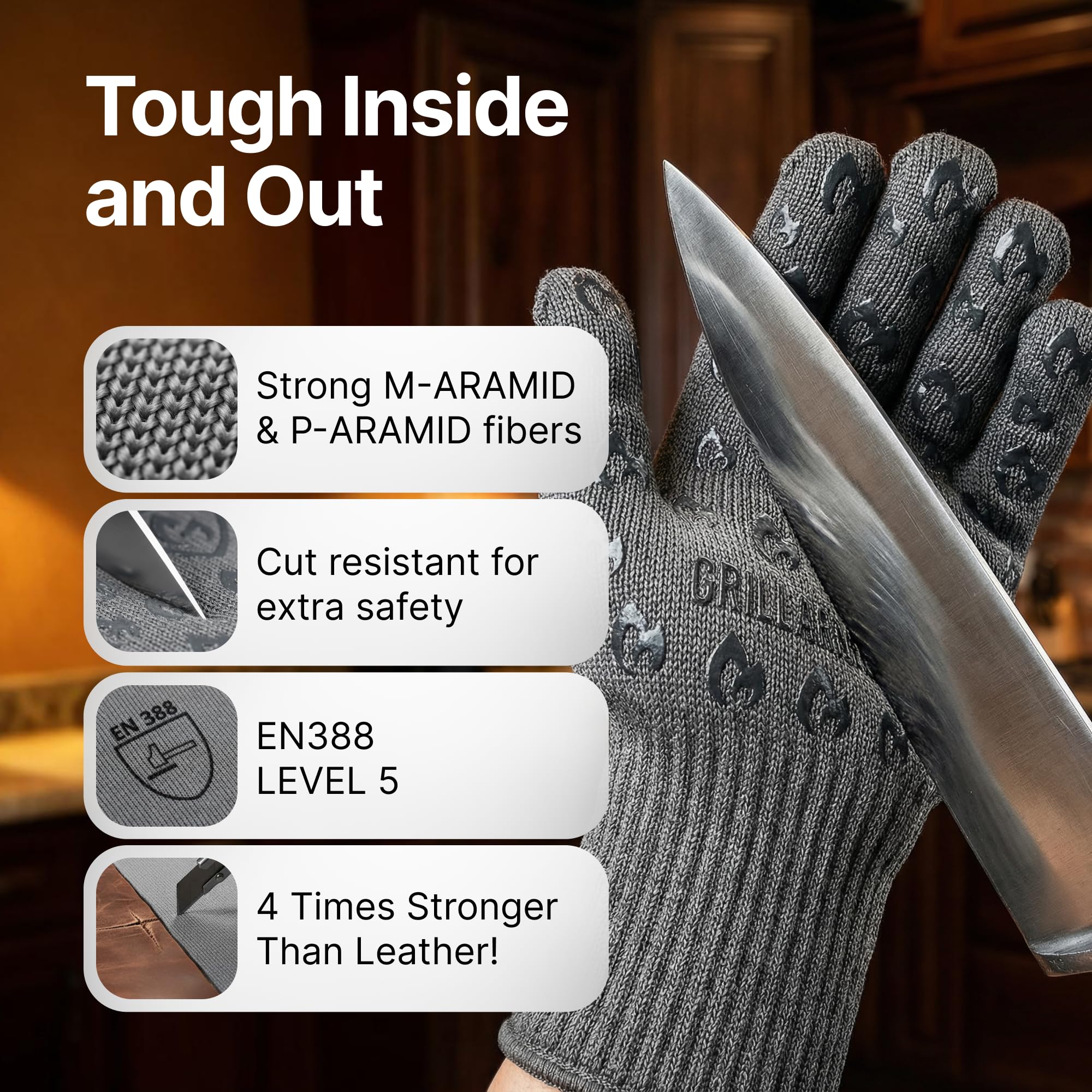 Grill Armor Gloves detalle de la textura de silicona para agarre seguro en superficies calientes