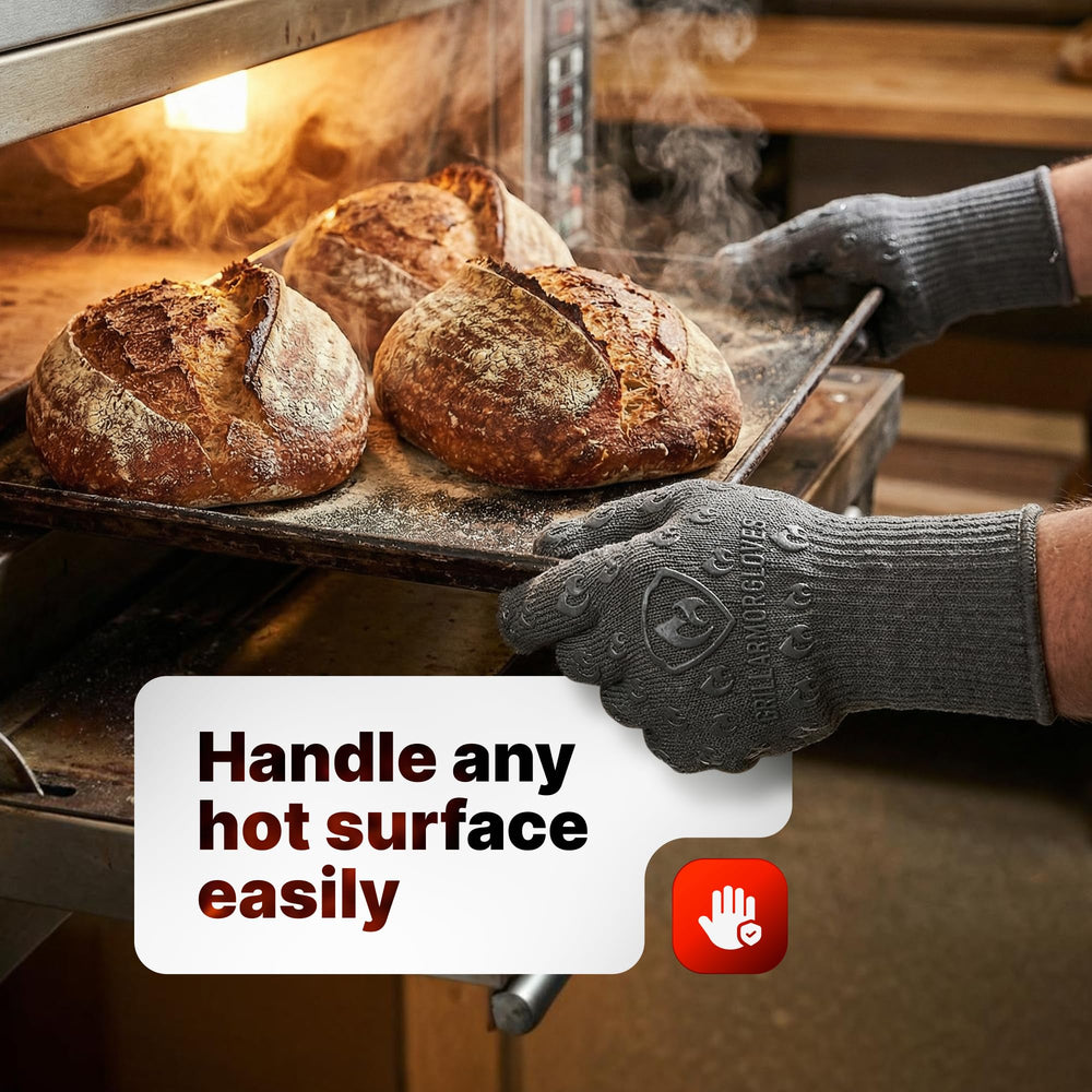Grill Armor Gloves puño alargado protegiendo muñeca y antebrazo al alcanzar dentro del horno