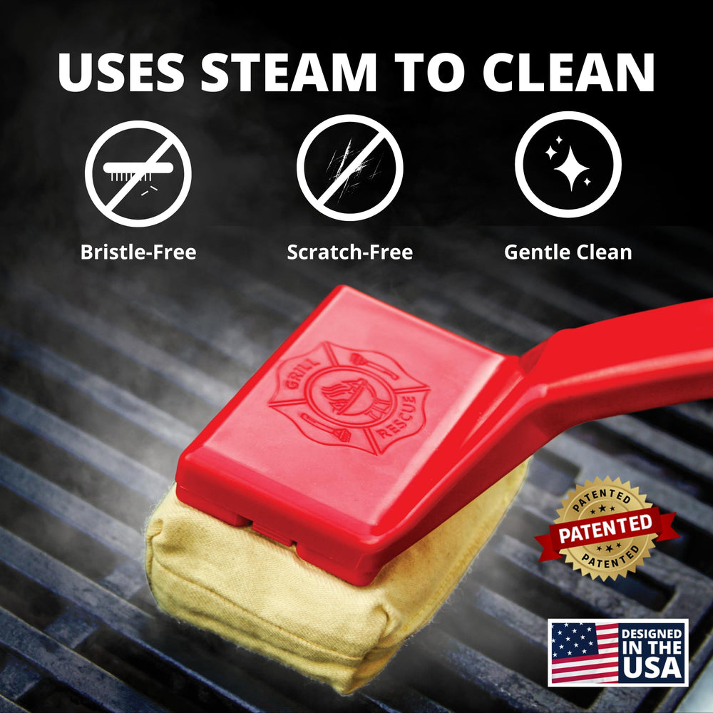 Grill Rescue head installed on handle in use producing steam to remove grease
