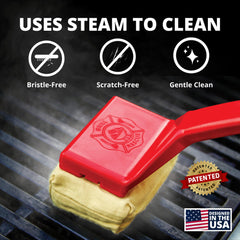 Grill Rescue head installed on handle in use producing steam to remove grease