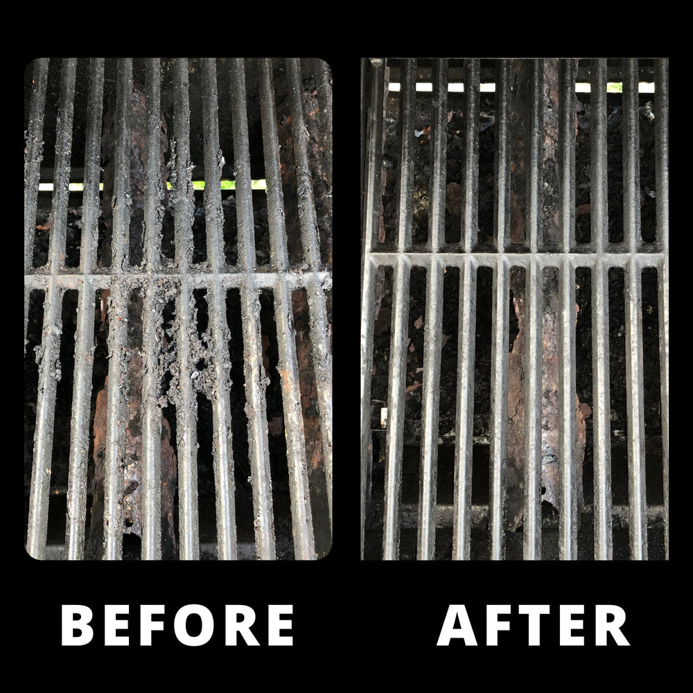 Grill Rescue lifestyle shot cleaning a backyard grill highlighting safer maintenance