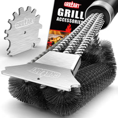 GRILLART vista frontal del cepillo y accesorios, limpieza eficiente