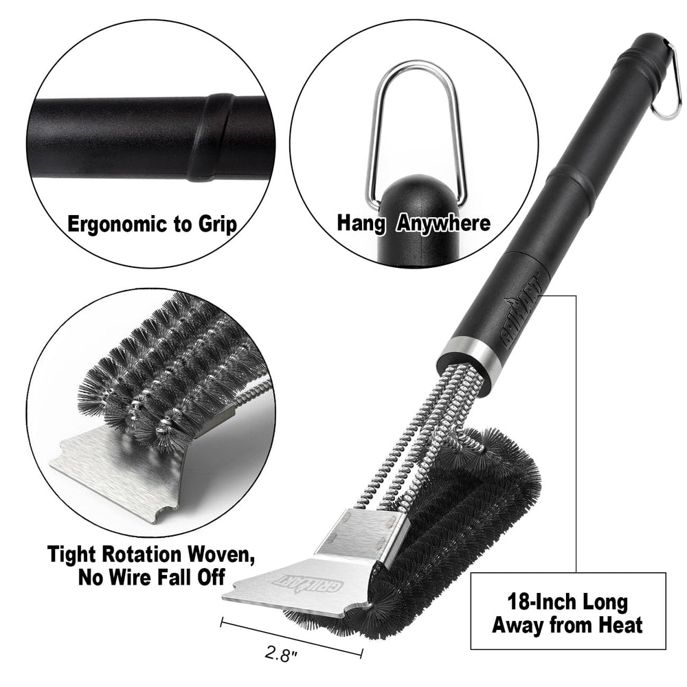 GRILLART brush in use on a grill grate demonstrating efficient, thorough cleaning