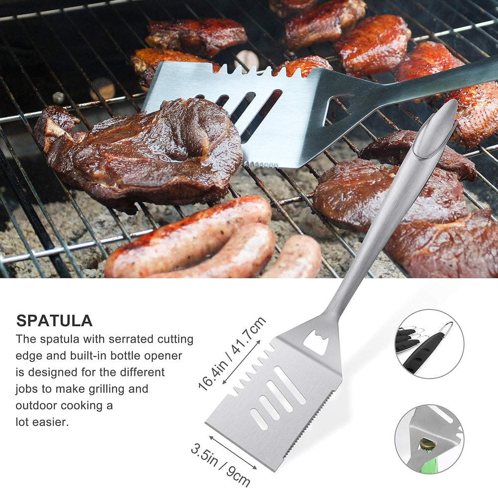 grilljoy tongs and fork held to show ergonomic grips and safe distance from heat