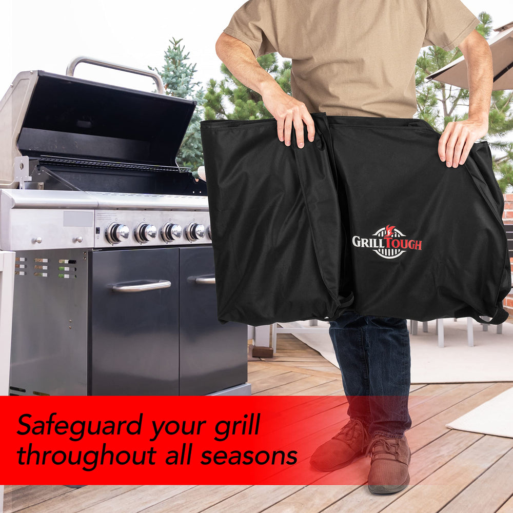 GrillTough etiqueta con medidas y material para identificar ajuste y especificaciones