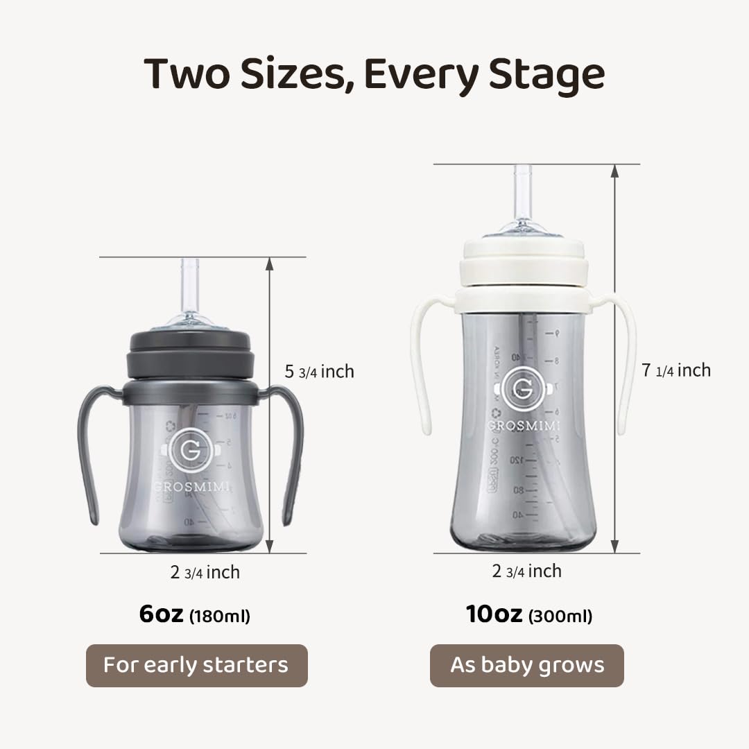 GROSMIMI cup beside baby bottle showing compact 10oz capacity benefit