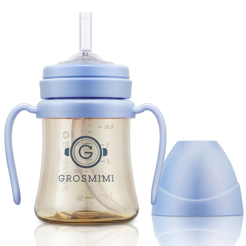 GROSMIMI sky blue front packaging showing cup and lid, highlights spill proof benefit