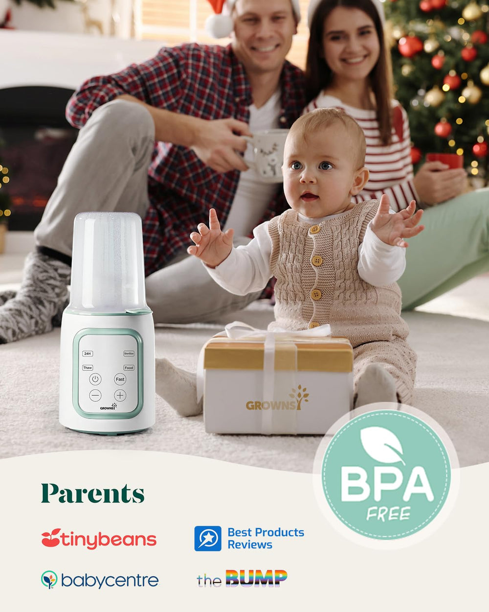 Grownsy en uso nocturno sobre mesita, mantiene leche lista y accesible