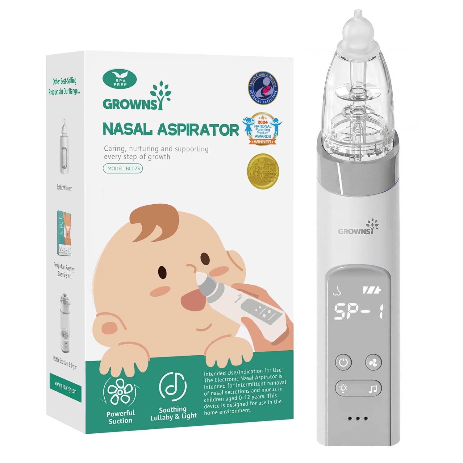 GROWNSY aspirador nasal frontal mostrando diseño ergonómico y fácil agarre