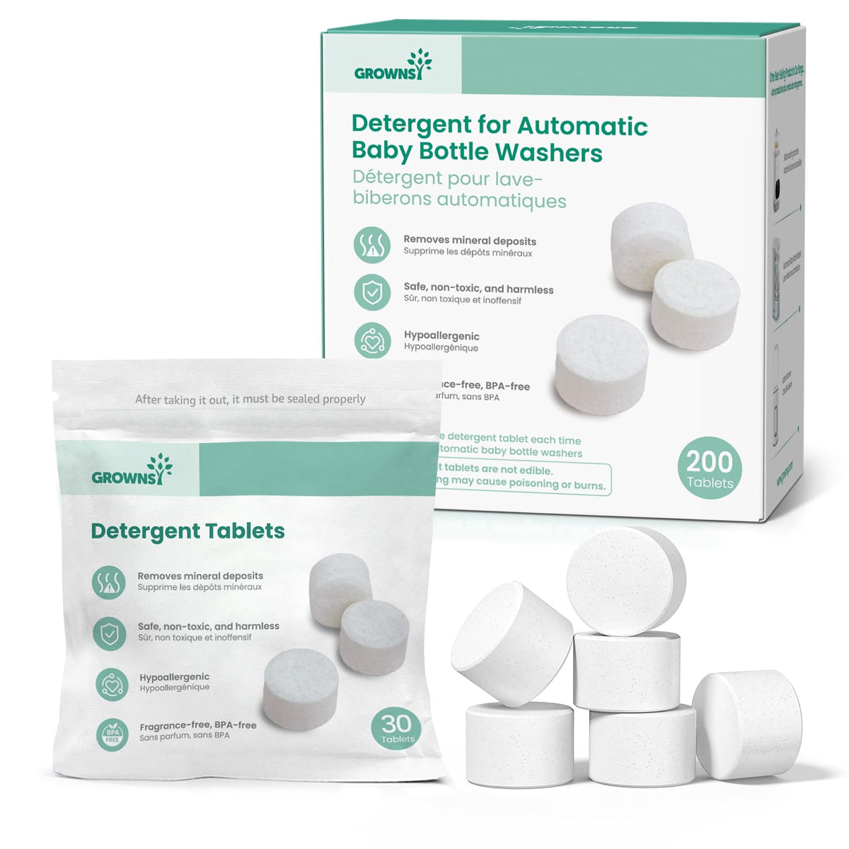 GROWNSY caja frontal con 200 tabletas para limpieza eficaz