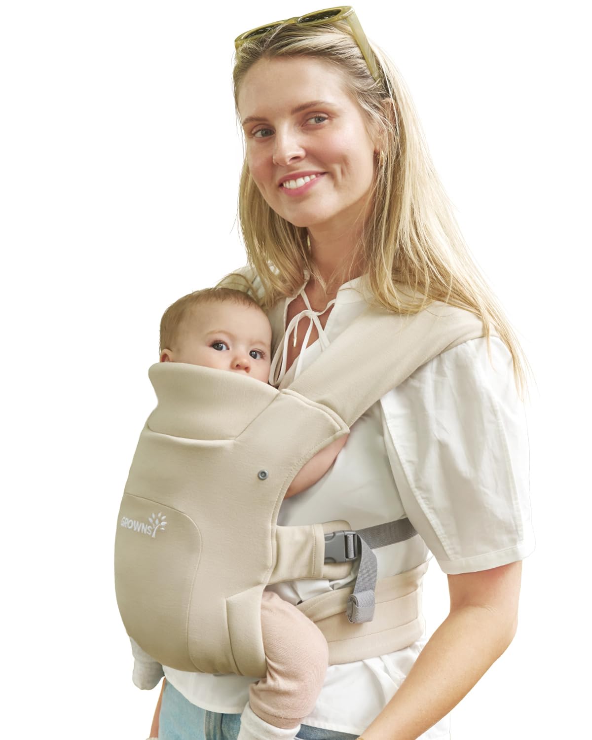 GROWNSY portabebés frontal crema mostrando ajuste ergonómico y comodidad
